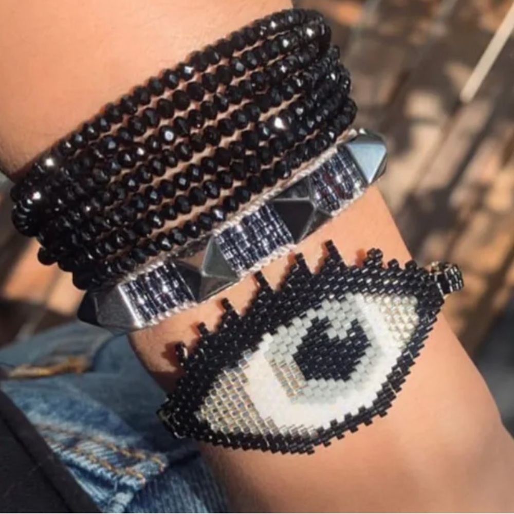 Miyuki Seed Beaded Black and Silver Evil Eye Bracelet